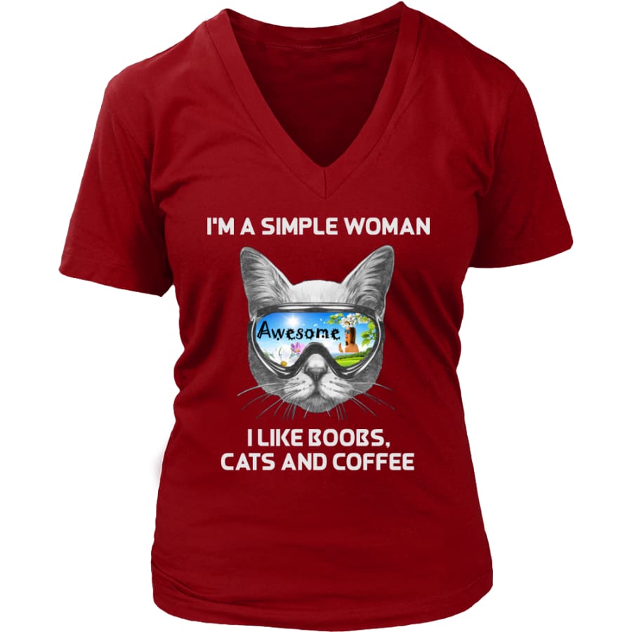 Simple Woman - Cute Cat Lover V-Neck T-shirt (8 colors) - District Womens / Red / S