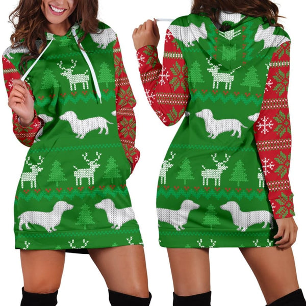 Ugly Christmas Sweater Hoodie Dress With Dachshunds - Womens / XS