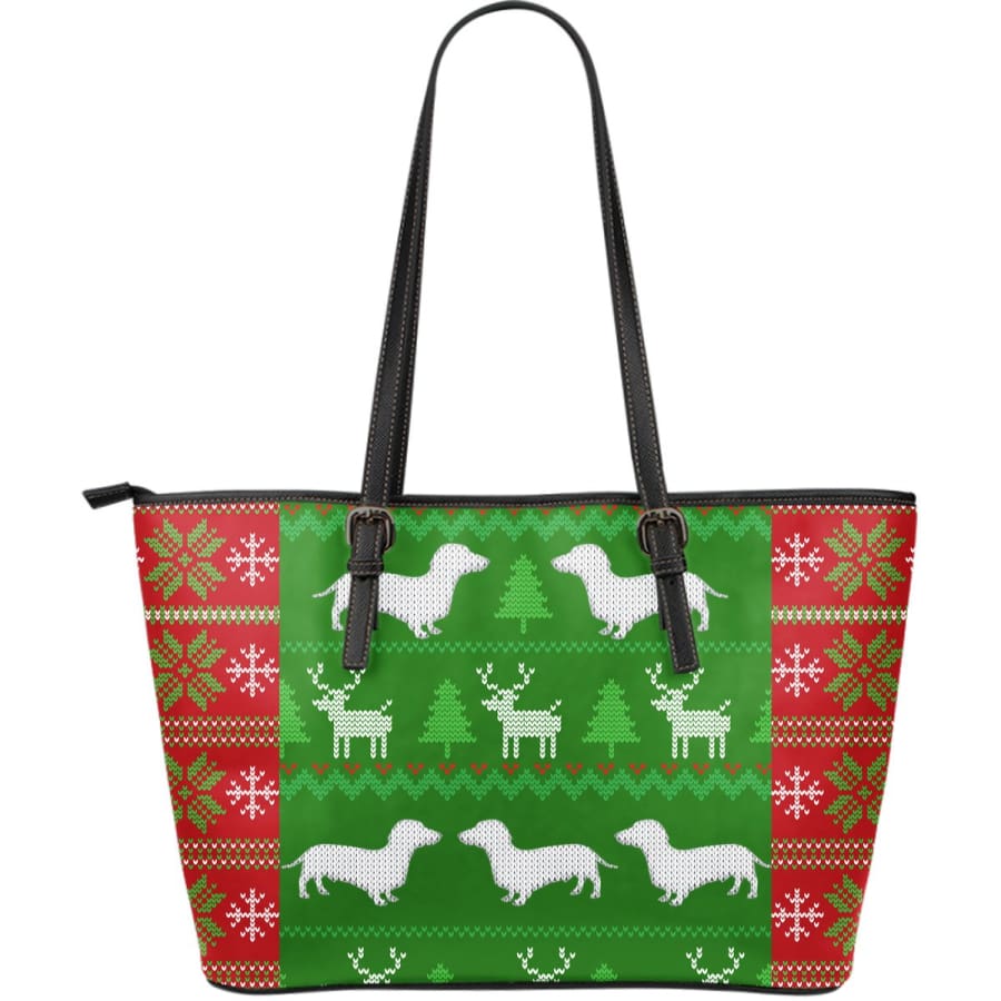 Ugly Christmas Sweater Large Leather Dachshunds Tote Bag - With