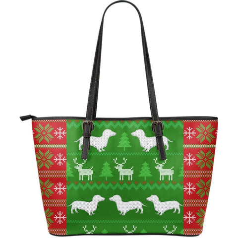 Ugly Christmas Sweater Large Leather Dachshunds Tote Bag - With